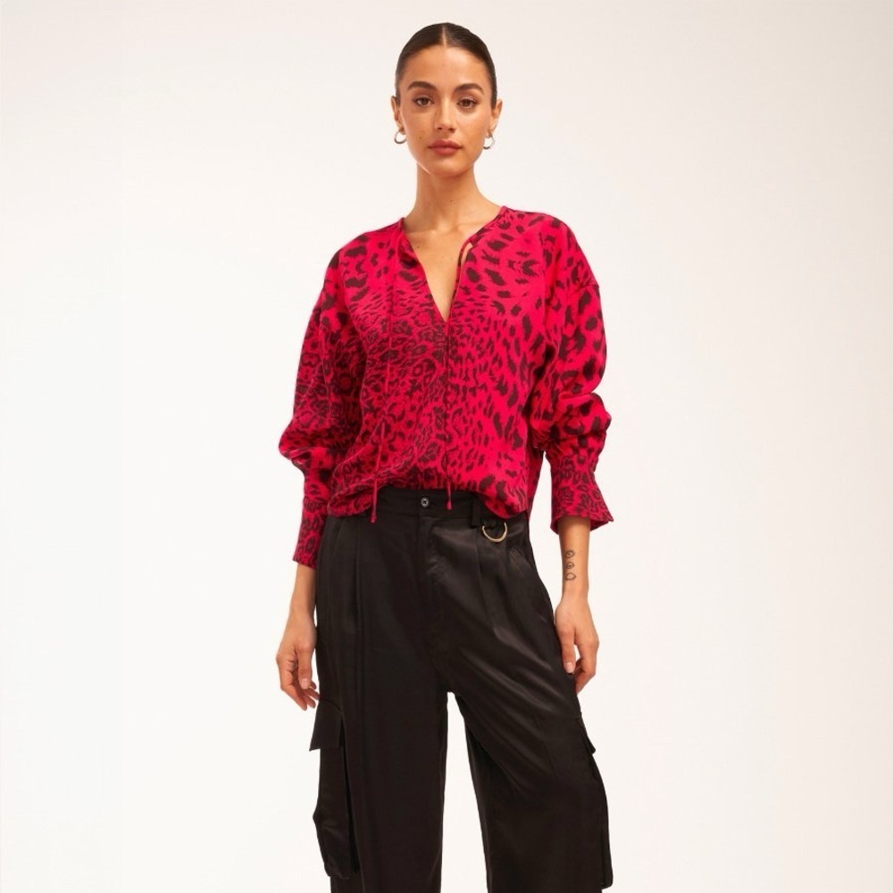 NWT Equipment Hailey Animal-Print Tie-Neck Blouse Pink Black Size Small